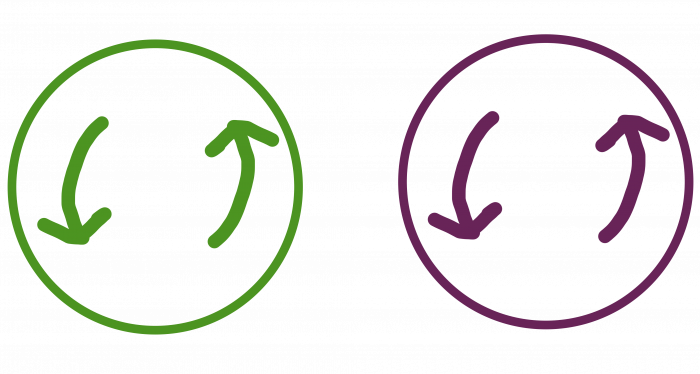 Twee gekleurde cirkels (groen en paars), met ieder twee pijlen er in getekend, die een draaiende beweging aan geven